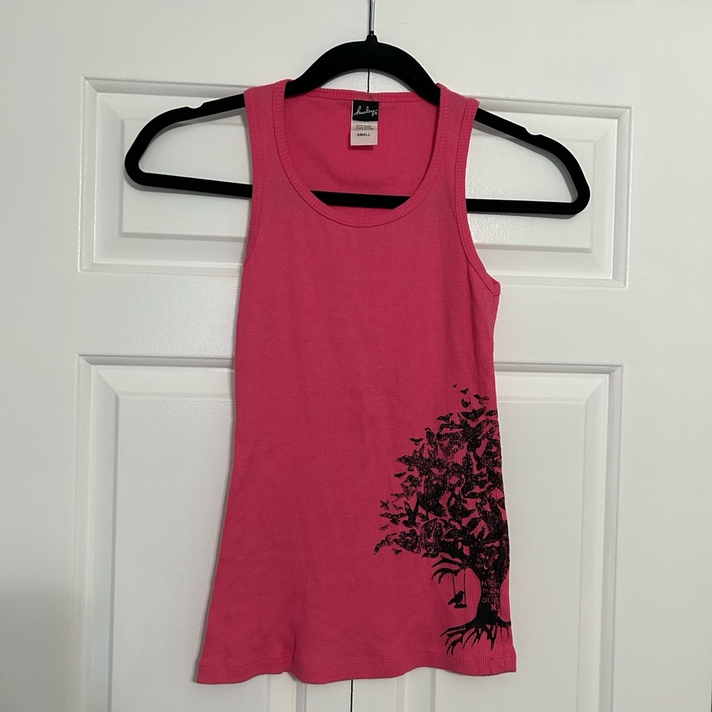 Vintage Y2K Hurley Pink Cotton Ribbed Tank Top Screen Print Birds in a Tree - Picture 5 of 6
